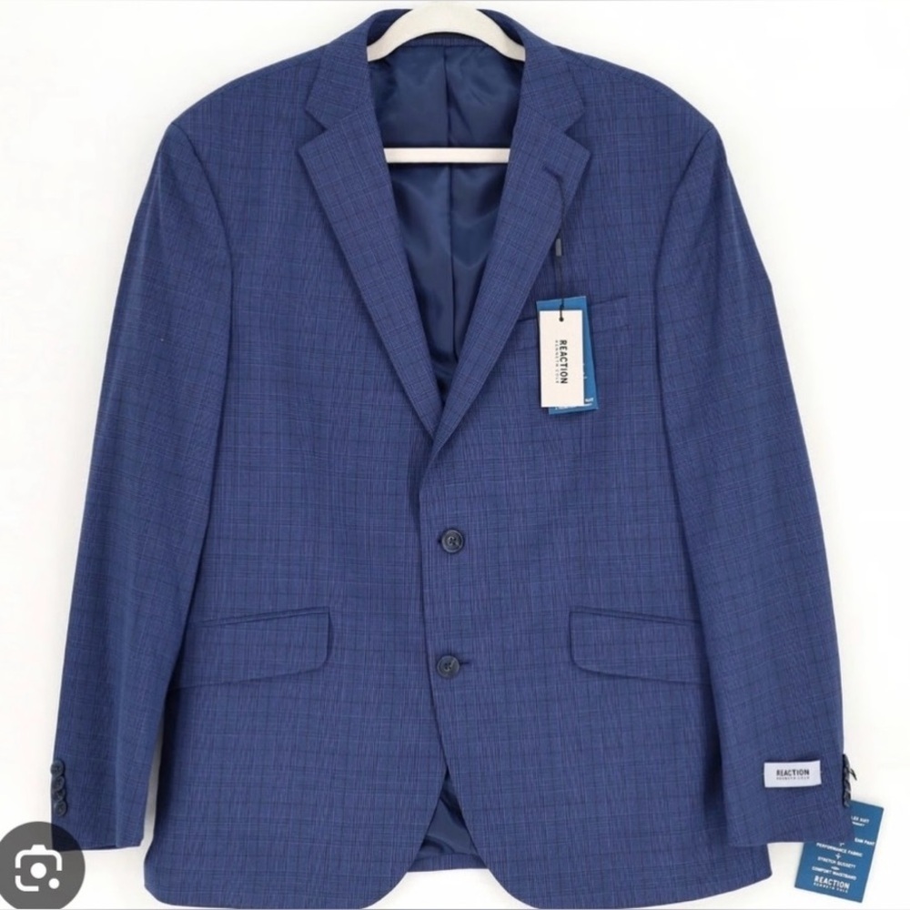 Kenneth Cole Reaction Cork Navy Blue Checkered 2 Piece Suit Jacket Pants